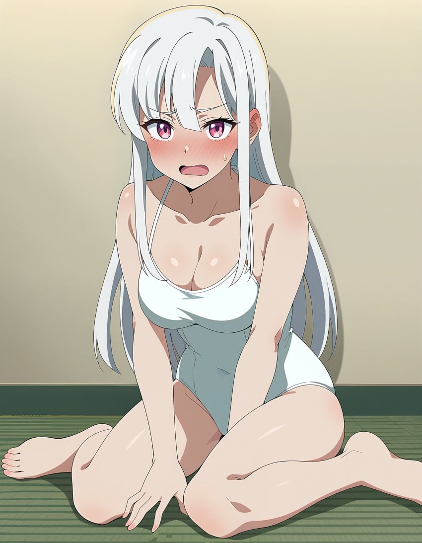 blush breasts embarrassed highres long_hair looking_at_viewer machina_solege maou_2099 medium_breasts on_floor one-piece_swimsuit open_mouth red_eyes sweatdrop swimsuit white_hair white_one-piece_swimsuit