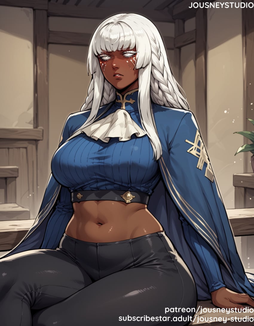 1girls ai_generated bangs black_pants blunt_bangs braid breasts brigitta_lycaon cape cloak clothing crop_top crossed_legs dark-skinned_female dark_skin english_text facial_mark facial_tattoo female female_only indoors jousneystudio large_breasts lips long_hair long_sleeves looking_at_viewer metaphor:_refantazio midriff navel pants parted_lips plant shirt sitting solo stomach tattoo thighs tied_hair white_eyes white_hair window