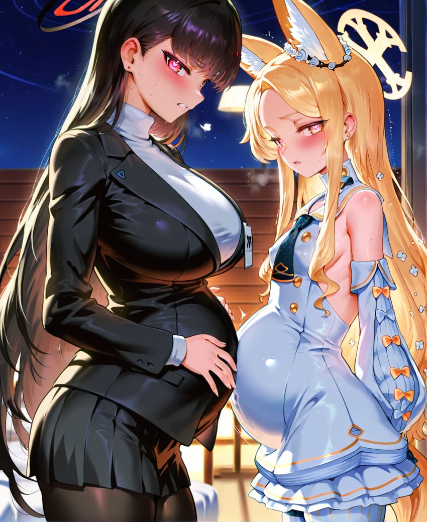 ai_generated annoyed belly_to_belly blue_archive covered_nipples hands_on_own_stomach heart-shaped_pupils heavy_breathing horny horny_female imminent_sex in_heat multiple_pregnancies night pov pregnant rio_(blue_archive) seia_(blue_archive) stable_diffusion steam