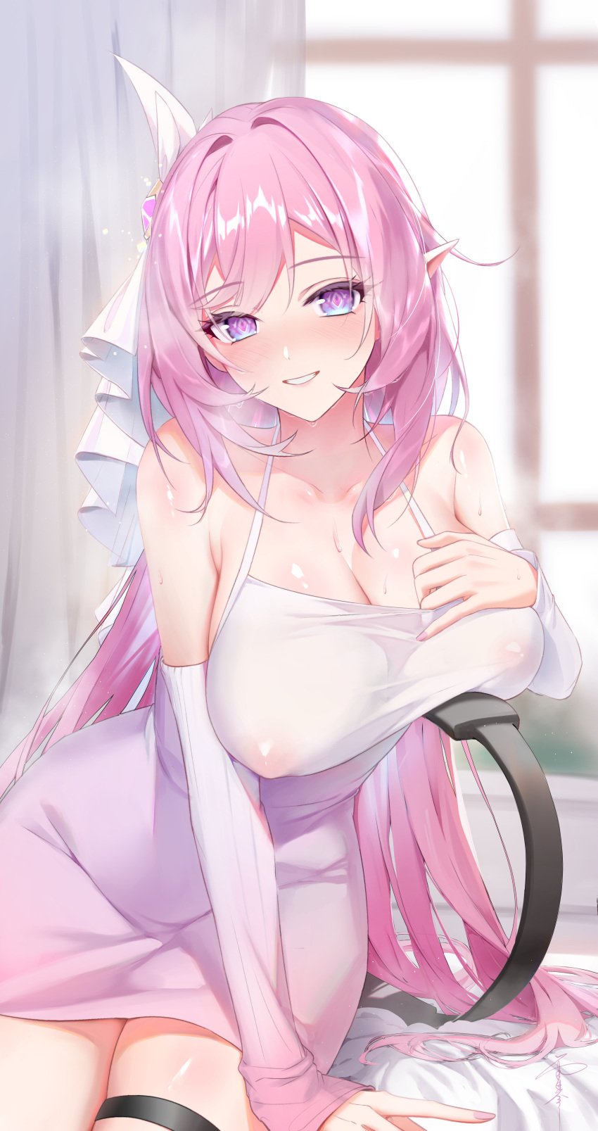 bare_shoulders big_breasts blush cleavage covered_erect_nipples dress elysia_(honkai_impact) female_only hair_ornament highres honkai_(series) honkai_impact_3rd large_breasts long_hair meisansan pink_hair pointy_ears purple_eyes sitting smile solo steam sweat