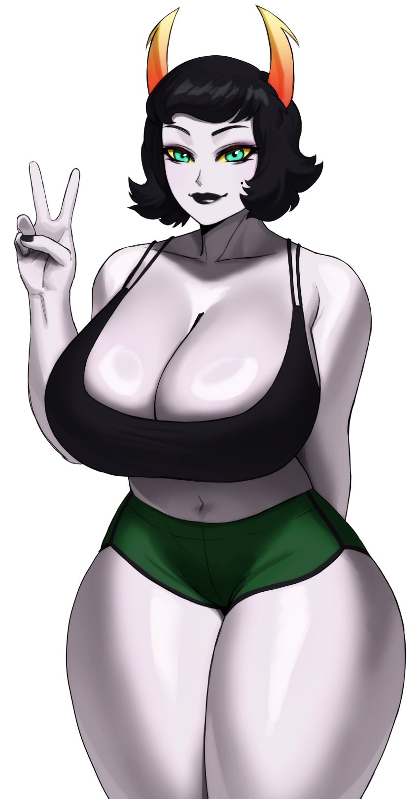 1girls absurd_res aqua_eyes arm_behind_back big_breasts black_hair black_lips cleavage commission female female_only homestuck horns kanaya_maryam looking_at_viewer minishorts mole mole_under_eye ms_paint_adventures shorts smiling smiling_at_viewer solo sotcho tank_top thick_thighs v_sign white_background white_body yellow_sclera