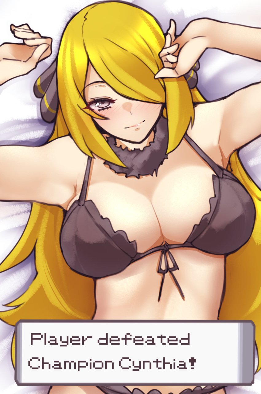 1340smile 1girls blonde_hair champion cynthia_(pokemon) lying pokemon pokemon_dppt smile text_box