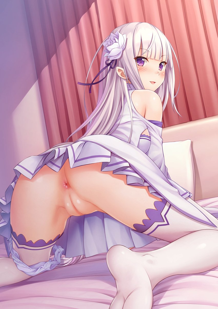 1girls anus ass denhijou_niki elf emilia_(re:zero) exposed_ass half_elf purple_eyes re:zero_kara_hajimeru_isekai_seikatsu silver_hair vagina white_legwear