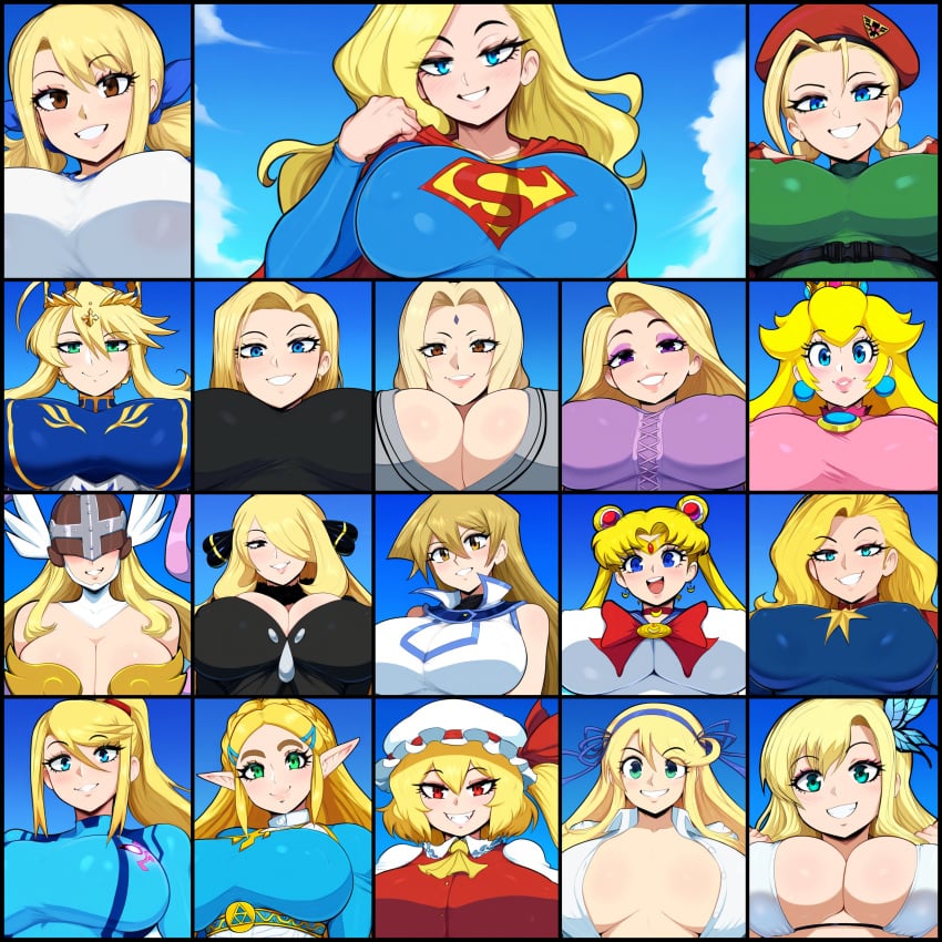 18girls ai_generated alexis_rhodes alien alien_girl android android_18 angewomon artoria_pendragon artoria_pendragon_(lancer) big_breasts bishoujo_senshi_sailor_moon blonde_female blonde_hair blonde_hair_female blue_eyes boku_wa_tomodachi_ga_sukunai brown_eyes cammy_white captain_marvel cleavage collage covered_nipples crossover cynthia_(pokemon) dc dc_comics digimon dragon_ball dragon_ball_super dragon_ball_z fairy_tail fate/grand_order fate_(series) flandre_scarlet from_below green_eyes group kara_danvers kara_zor-el katsuragi_(senran_kagura) kryptonian large_breasts low-angle_view lucy_heartfilia mario_(series) marvel marvel_comics metroid mullon naruto pokemon pokemon_dppt princess_peach rapunzel robot robot_girl sailor_moon samus_aran seductive seductive_look sena_kashiwazaki senran_kagura smile street_fighter supergirl superman_(series) tangled the_legend_of_zelda touhou trait_connection yu-gi-oh! yu-gi-oh!_gx zelda_(breath_of_the_wild) zero_suit_samus