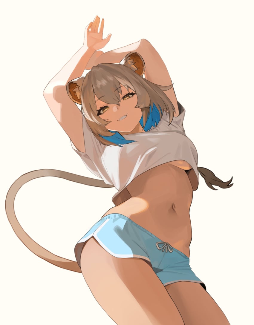 bellybutton brown_hair crop_top exposed_torso eyebrows_visible_through_hair gold_eyes hazumi_aileen indie_virtual_youtuber lion_ears lion_girl lion_tail shorts smile smiling smiling_at_viewer thernz underboob virtual_youtuber vtuber