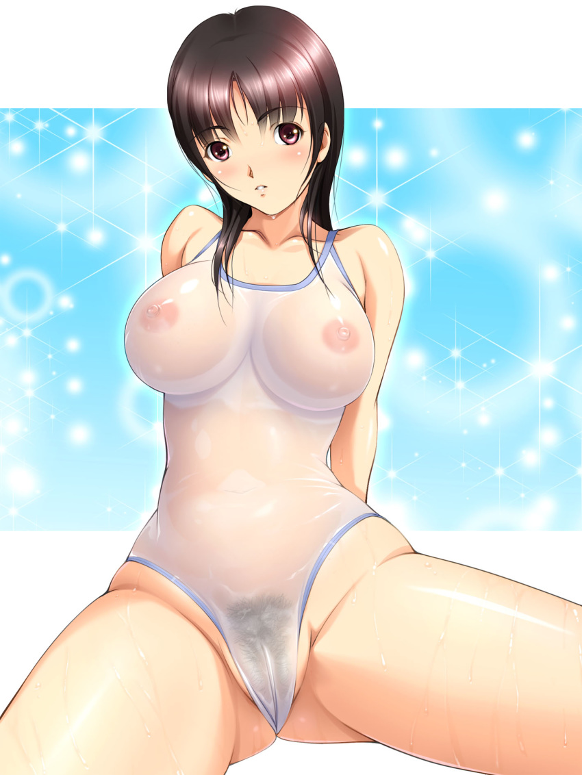 arms_behind_back black_hair blush breasts brown_eyes dragon@harry female highres large_breasts nipples one-piece_swimsuit original pubic_hair see-through short_hair solo sparkle spread_legs swimsuit wet