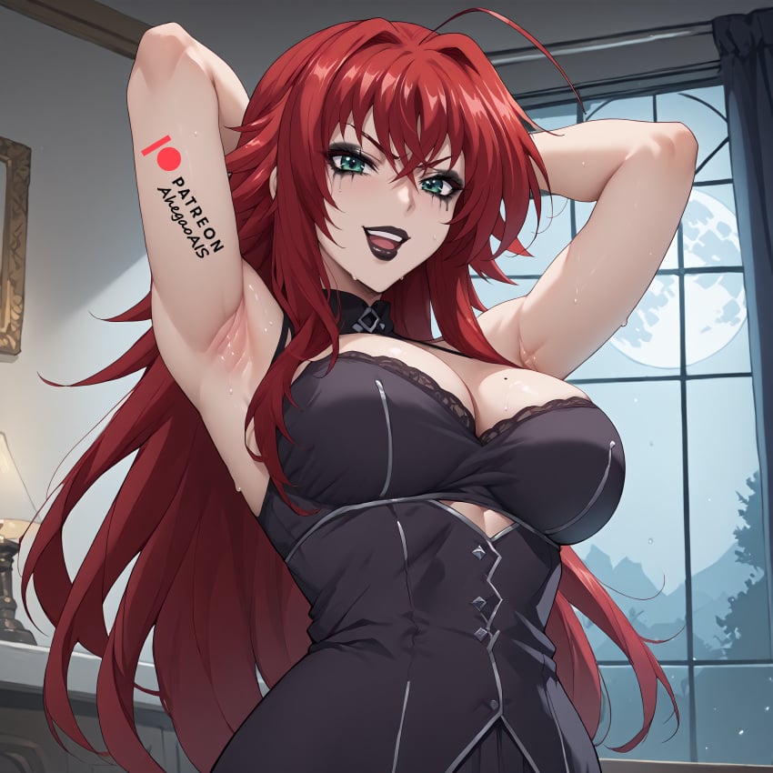 ahegao_ai ai_generated armpits big_breasts clothed_female from_below goth goth_girl gothic green_eyes red_hair ruined_makeup sfw