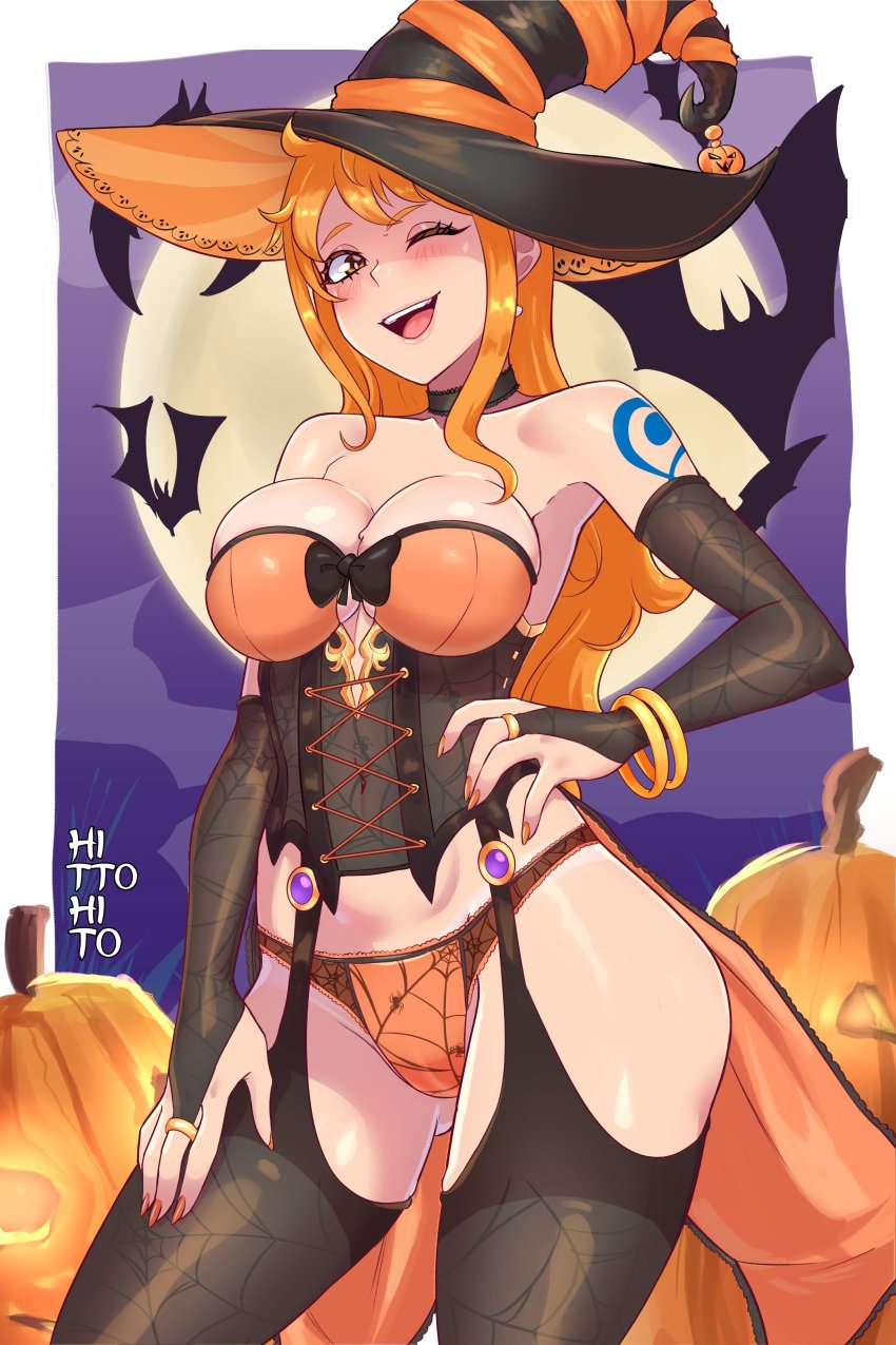 1girls armwear big_breasts black_gloves blush bracelet breasts bridal_gauntlets brown_eyes cleavage corset elbow_gloves female female_only garter_straps gloves hair halloween halloween_costume hat headwear hips hito_clover huge_breasts long_hair nail_polish nails nami one_eye_closed one_piece orange_hair orange_nail_polish orange_nails orange_panties panties pumpkin ribbon smile solo solo_female tattoo tattoo_on_arm thick_thighs thighs wink witch witch_costume witch_hat