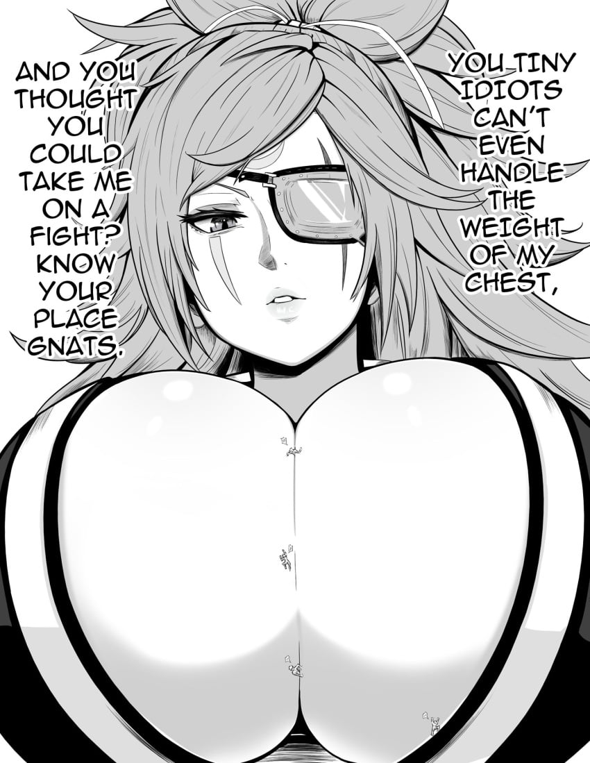 1girls anybrody baiken big_breasts black_and_white cleavage giantess guilty_gear miniguy scar