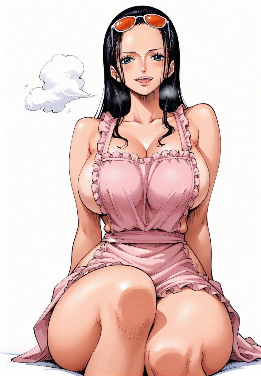 ai_generated alluring almost_naked almost_nude apron apron_only big_breasts black_hair blue_eyes blush breasts female female_only glasses long_hair looking_at_viewer nico_robin one_piece open_mouth post-timeskip seducing seduction seductive seductive_body seductive_eyes seductive_gaze seductive_look seductive_mouth seductive_pose seductive_smile shiny_hair shiny_skin steamy_breath sunglasses sunglasses_on_head voluptuous voluptuous_female yashin