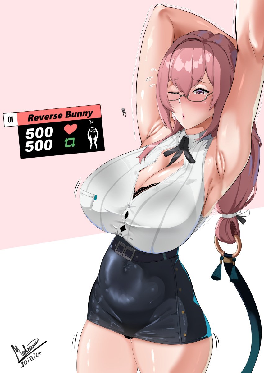 armpits big_breasts black_bra black_panties cleavage female glasses large_breasts madsdross megane milf open_shirt pink_eyes pink_hair solo_female thick_hips thick_thighs tsukishiro_yanagi wide_hips zenless_zone_zero