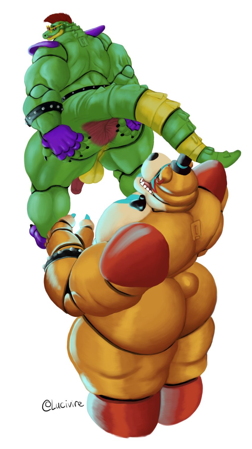 2boys alligator alligator_tail alligatorid alligatorid_humanoid animatronic anthro anthro_male balls bear bear_tail biceps big_ass big_penis black_nails blue_eyes blue_nails bowtie clawed_fingers claws crocodile crocodile_tail crocodilian crocodylid eye_wear face_paint facial_markings fingerless_gloves five_nights_at_freddy's five_nights_at_freddy's:_security_breach fnaf foreskin gay gay_sex glamrock_freddy_(fnaf) green_body green_scales green_skin long_nails lucivire machine male male/male male_focus male_only mohawk mohawk_(hairstyle) montgomery_gator_(fnaf) muscles muscular muscular_anthro muscular_body muscular_furry muscular_male non_human penis pink_shaft presenting presenting_anus presenting_ass red_eyes red_hair reptile reptile_humanoid robot robot_anthro robot_humanoid scales scalie scottgames shades sharp_teeth shoulder_pads simple_background spiked_bracelet spikes spotted_body spread_anus spreading_ass star_shades steel_wool_studios sunglasses tagme tail_markings tan_body top_hat two_tone_body uncircumcised ursid ursid_humanoid ursine white_background yellow_balls yellow_body yellow_scales yellow_skin