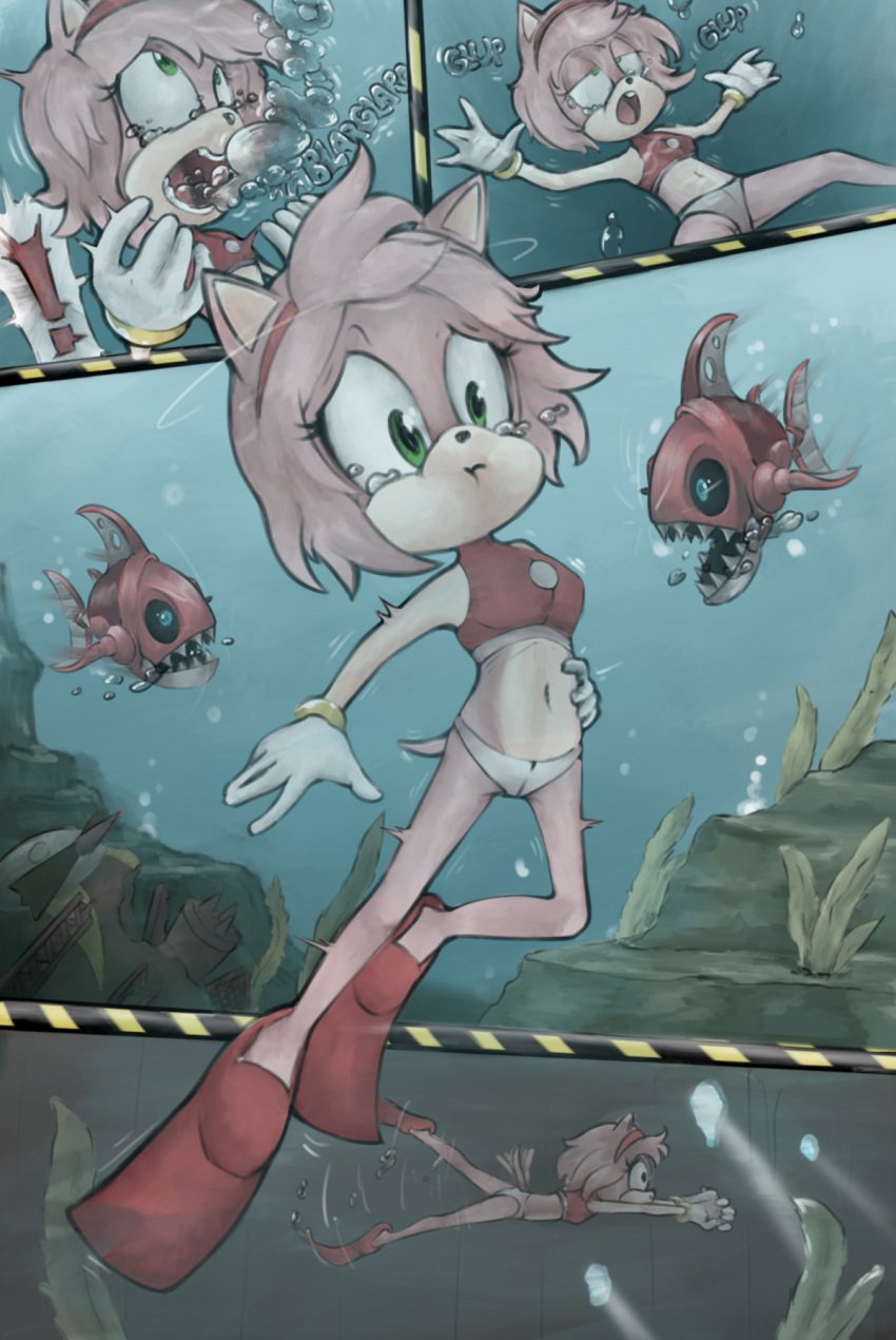 1girls air_bubbles amy_rose anthro asphyxiation bikini breasts bubbles cameltoe drowned drowning female fins flippers freediving furry gloves headband hedgehog kronworld navel ocean red_bikini_top sea sega shipwreck small_breasts solo sonic_(series) sonic_the_hedgehog_(series) swimming swimming_fins swimsuit underwater water white_bikini_bottom