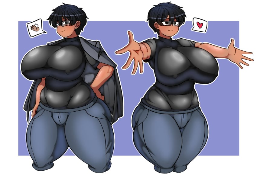 big_breasts black_hair dark-skinned_female dark_skin female glasses huge_breasts large_breasts naufranzz nia_(naufranzz) original short_hair solo thick_thighs