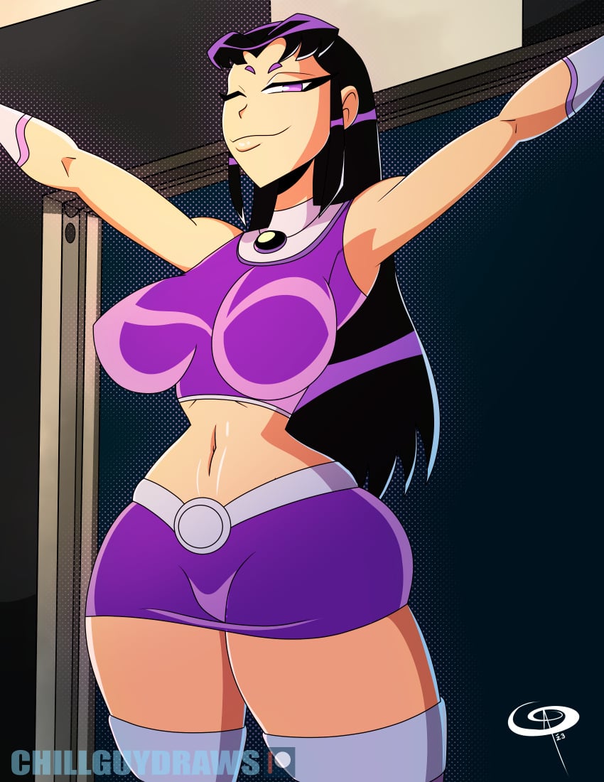 1girls big_breasts black_hair blackfire breasts cartoon_network dc dc_comics frostbiteboi komand'r large_breasts looking_at_viewer purple_eyes solo teen_titans thighs warner_brothers wide_hips