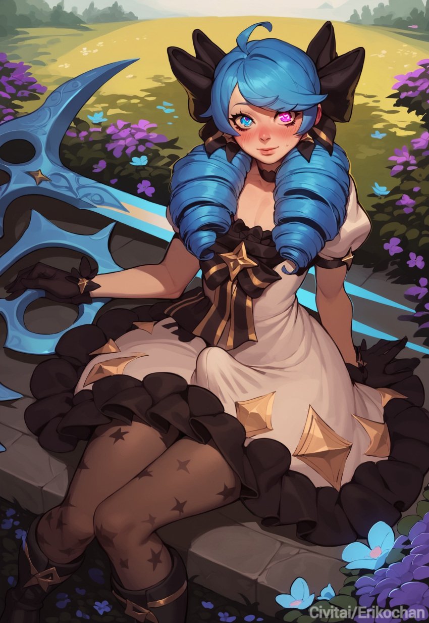 1boy ahoge ai_generated blue_eye blue_hair blush bulge civitai dress erikochan femboy flowers gwen_(league_of_legends) hair_ornament heterochromia league_of_legends looking_at_viewer outdoors pink_eye riot_games self_upload solo trap uncensored