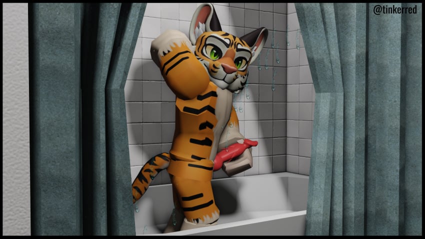 1boy 3d 3d_render animal_ears animal_genitalia animal_penis anthro balls dick fur furry highres jerking jerking_off looking_at_viewer male original_character penis roblox robloxian rubbing shower showering solo solo_male stretching tail tiger tinkerred yellow_body yellow_fur