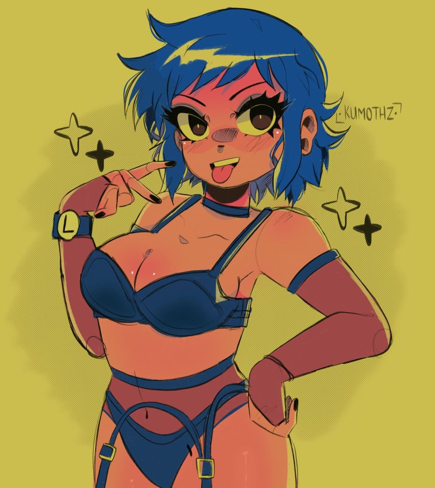 1girls black_eyes black_nails blue_hair blue_underwear blush choker elbow_gloves eyeshadow female female_only garter_belt garter_straps gloves hand_on_hip kumothz nail_polish ramona_flowers scott_pilgrim short_hair solo solo_female sparkles tongue_out underwear