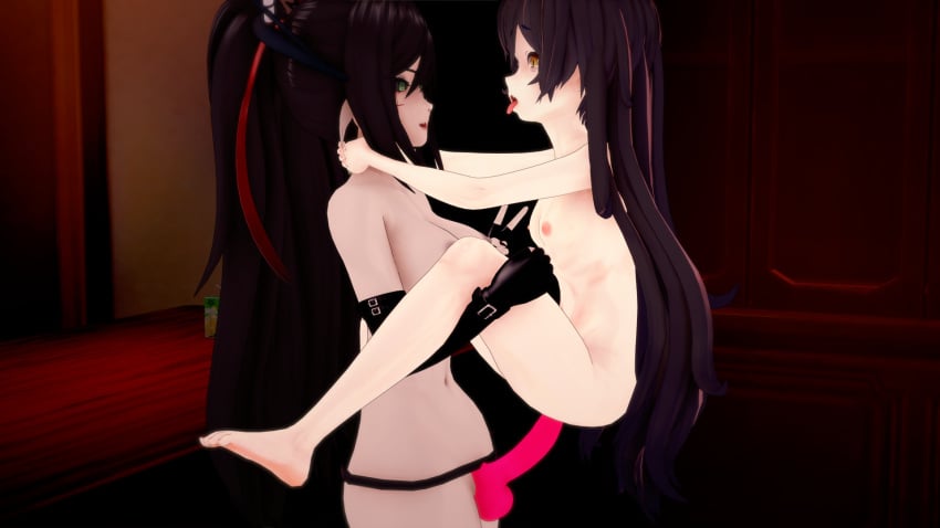 2girls big_breasts breasts carrying carrying_partner dominant_female double_dildo female_only grimmivt height_difference indie_virtual_youtuber large_breasts layna_lazar size_difference skinny small_breasts strap-on submissive_female tongue virtual_youtuber yuri