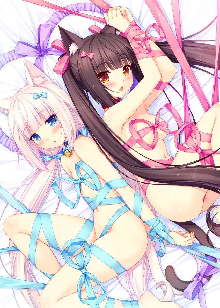 2girls blue_eyes bondage brown_eyes brown_hair chocola_(sayori) nekopara ribbon tied_up vanilla_(sayori) white_hair