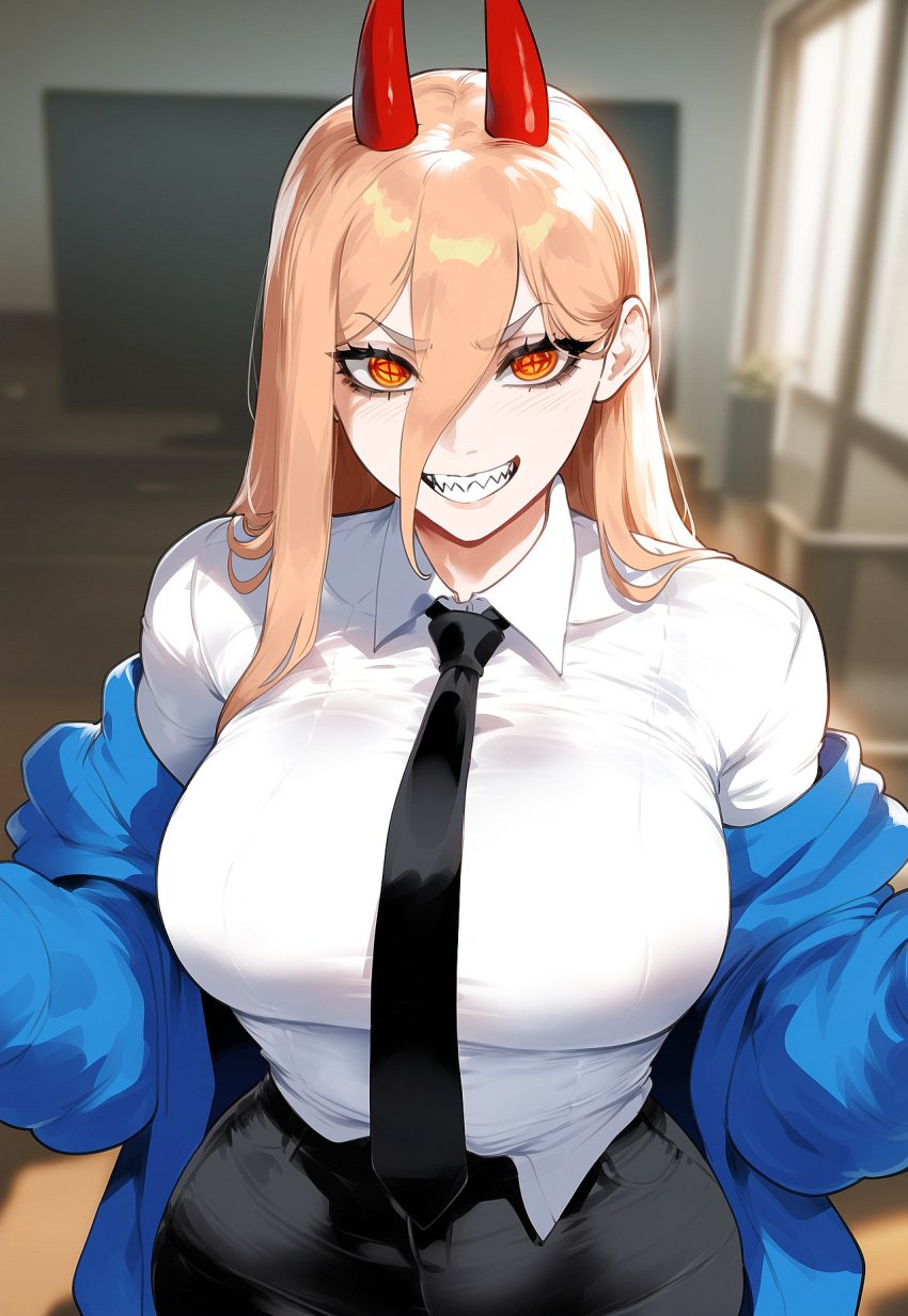 ai_generated blonde_hair blush breasts chainsaw_man dark-skinned_male female huge_breasts juuicyai massive_ass massive_breasts necktie nipples power_(chainsaw_man) sharp_teeth sweat yellow_eyes yellow_hair