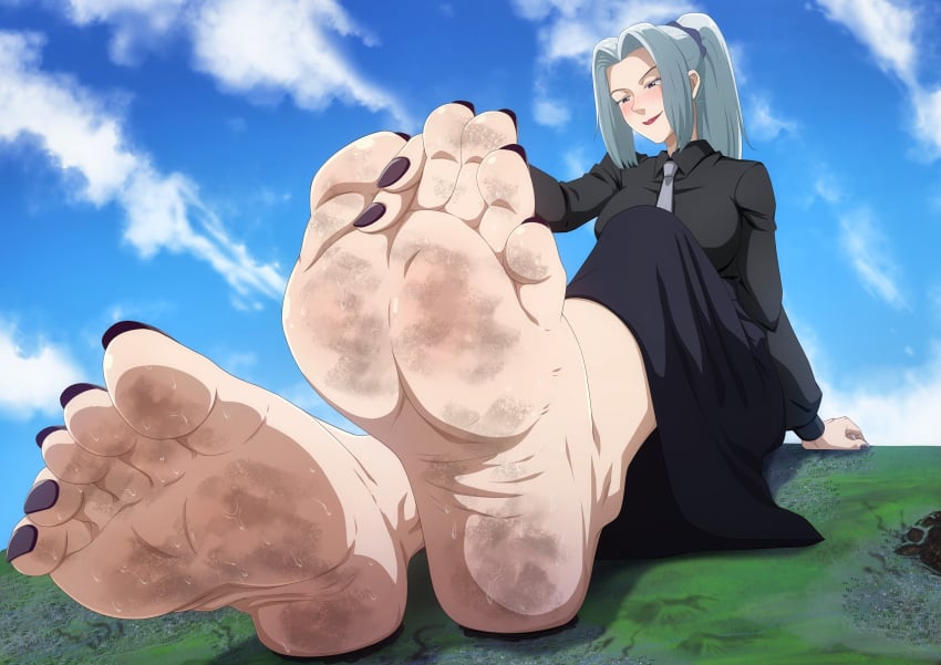 1girls blush dirty_feet dirty_soles dominant_female feet femdom foot_fetish foot_focus foot_play foot_worship giantess jujutsu_ jujutsu_kaisen mei_mei_(jujutsu_kaisen) nail_polish pale-skinned_female toenail_polish toenails toes toes_curled toes_scrunch