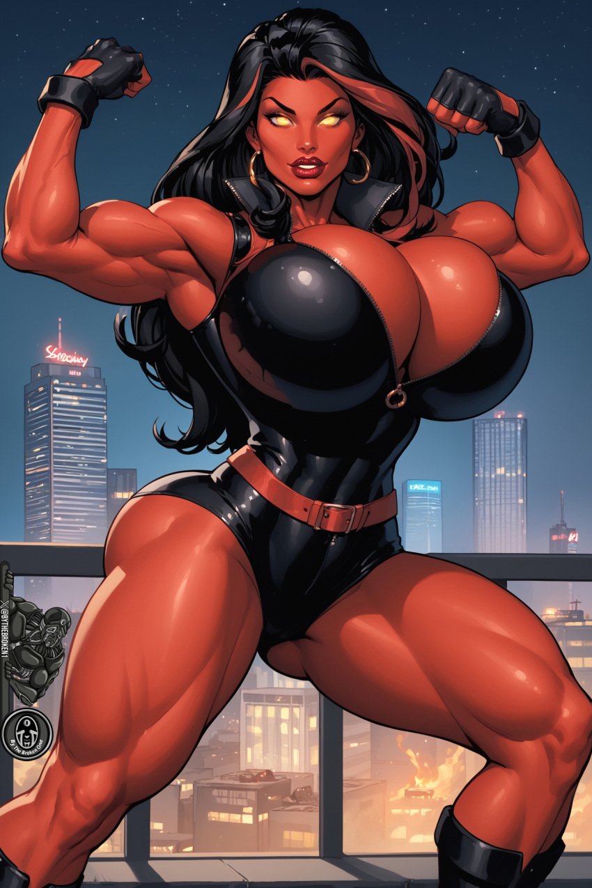 1girls ai_generated betty_ross big_breasts bimbo breasts_bigger_than_head bythebrokenone female female_only marvel marvel_comics muscular_female red_she-hulk solo solo_female