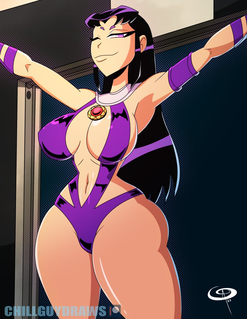 1girls big_breasts black_hair blackfire breasts cartoon_network dc dc_comics frostbiteboi komand'r large_breasts looking_at_viewer purple_eyes solo teen_titans thighs warner_brothers wide_hips