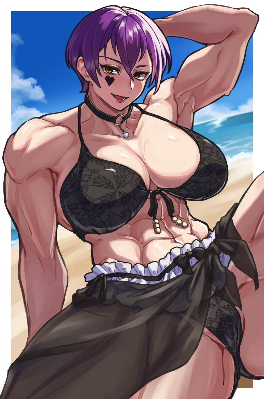 abs beach bikini bikini_girl commission edna_(sulyvann24) female female_focus female_only human masaki_kamoritu muscle muscle_girl muscles muscular muscular_arms muscular_female muscular_thighs original original_art original_artwork purple_hair