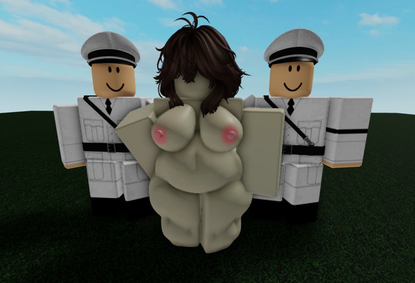 1girls 2boys 3d arrest brown_hair chubby_female clothed_male detained medium_breasts military_uniform nude_female roblox robloxian tagme thick_ass thick_thighs uniform