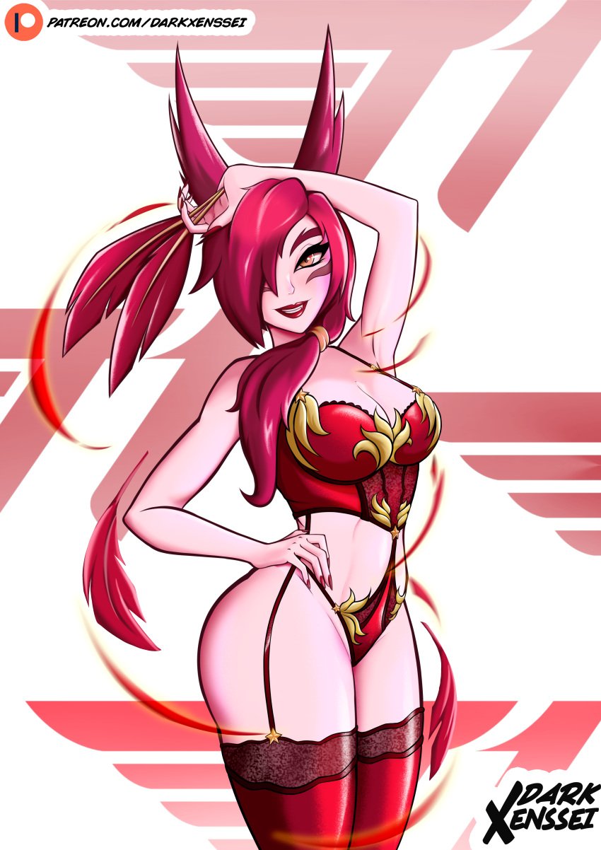 animal_ears big_breasts booty lace lace-trimmed_bra lace_trim league_of_legends lingerie red_hair red_lingerie riot_games vastaya xayah yellow_eyes