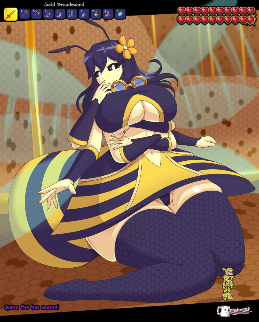 6_arms bee big_breasts big_hips black_hair breasts breasts_bigger_than_head child_bearing_hips flower_on_head giant giant_woman giantess gijinka goggles goggles_around_neck hips_wider_than_shoulders honey honeycomb honeycomb_(pattern) humanoid luckerabbit6 luckerabbit9 mrlucke panty_peek queen_bee queen_bee_(terraria) tagme terraria thights tights