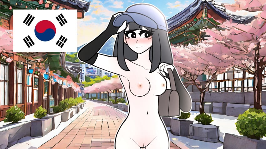 ai-assisted bag blonde_hair blush breast_focus breasts countryhumans exhibitionism fingerless_gloves gloves hand_on_headwear highres hourglass mature_female nipples non-web_source nude public_indecency pussy_focus small_breasts south_korea tote_bag