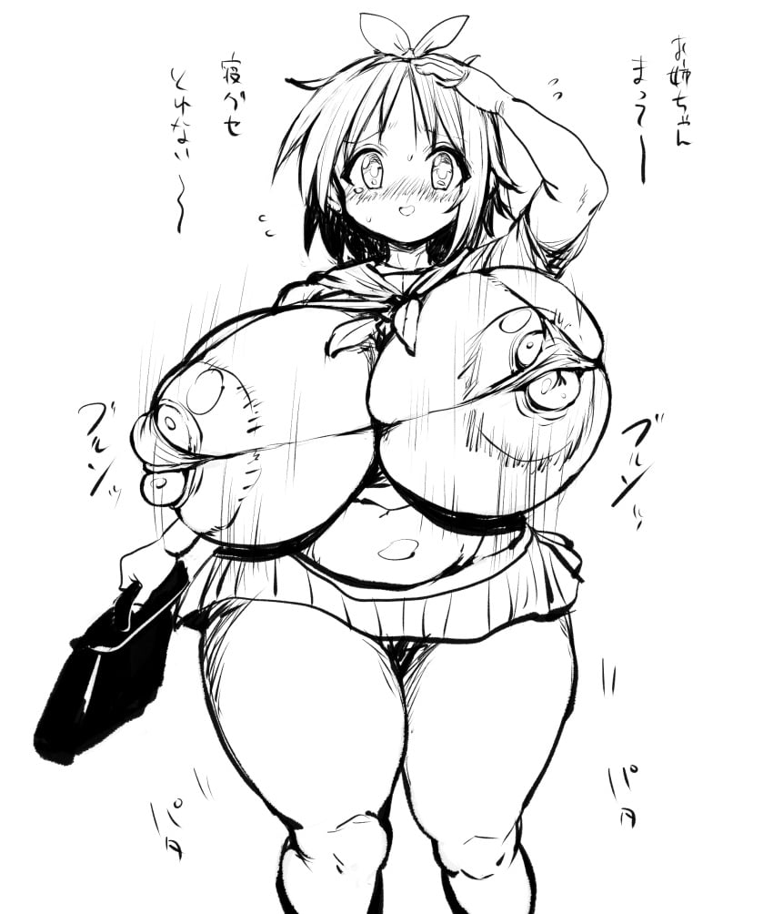 alternate_breast_size bag dialogue erect_nipples gigantic_breasts holding_bag huge_areolae huge_nipples japanese_text lucky_star micro_bikini ponkotsuu running sketch talking_to_another text thick_nipples thick_thighs tsukasa_hiiragi undersized_clothes venus_body wide_hips