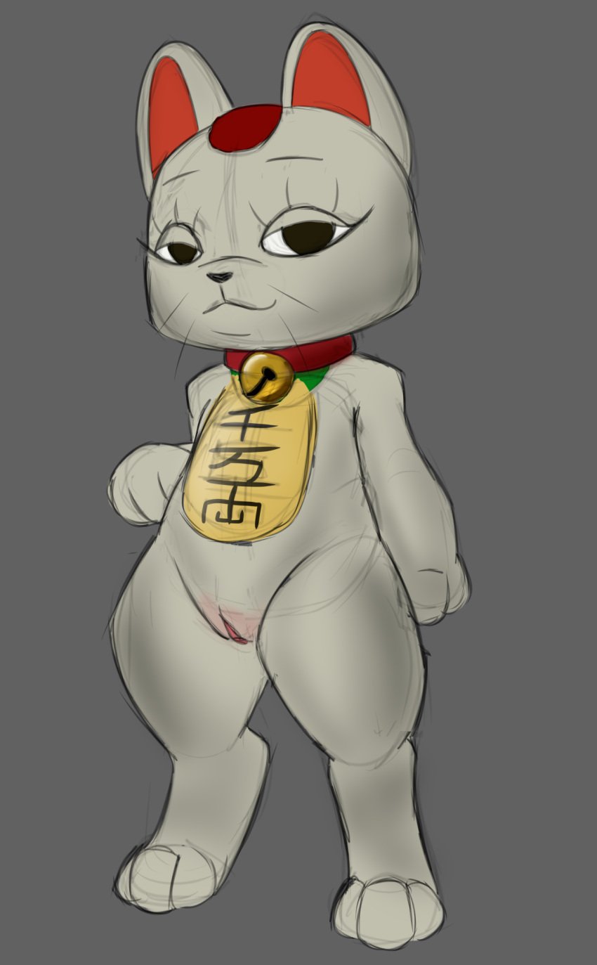 2024 bell bell_collar ceyemeka collar dandadan domestic_cat eyeliner felid feline felis female fur genitals hi_res humanoid japanese_text makeup mammal maneki-neko paws pussy solo text turbo_granny_(dandadan) white_body white_fur