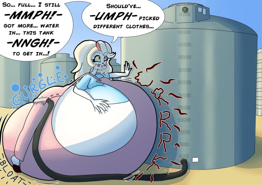 belly_expansion belly_inflation charlie_morningstar_(hazbin_hotel) close_to_bursting hazbin_hotel hose_inflation huge_belly inflation massive_belly onomatopoeia puffed_cheeks ready_to_fuck speech_bubble tagme tagme_(artist) water_inflation