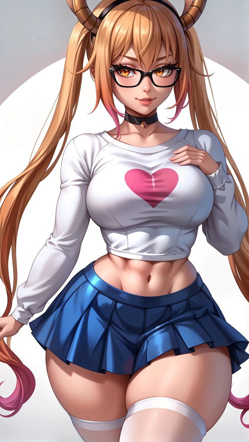 ai_generated big_breasts breasts choker collarbone dragon_maid glasses hand_on_chest horns hourglass_figure kobayashi-san_chi_no_maidragon long_sleeves looking_at_another miniskirt navel portrait seducing seduction seductive seductive_body seductive_gaze seductive_look seductive_mouth seductive_pose seductive_smile shirt sky4maleja thick_thighs thighhighs tight_clothes tight_clothing tohru_(dragon_maid) toned toned_female toned_stomach very_long_hair white_background