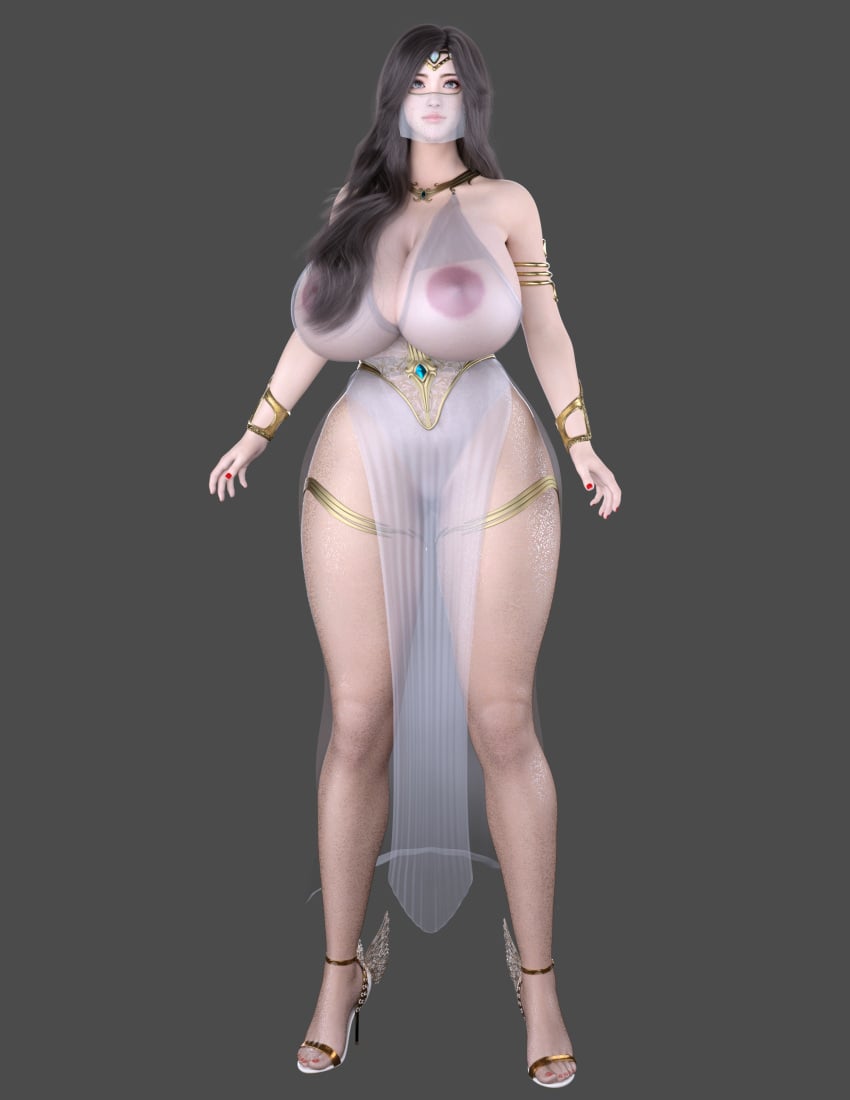 3d artist_request big_breasts black_hair circlet dress gold_(metal) gold_armlet gold_jewelry green_eyes high_heels large_ass large_breasts long_hair red_nails sheer thick_thighs veil