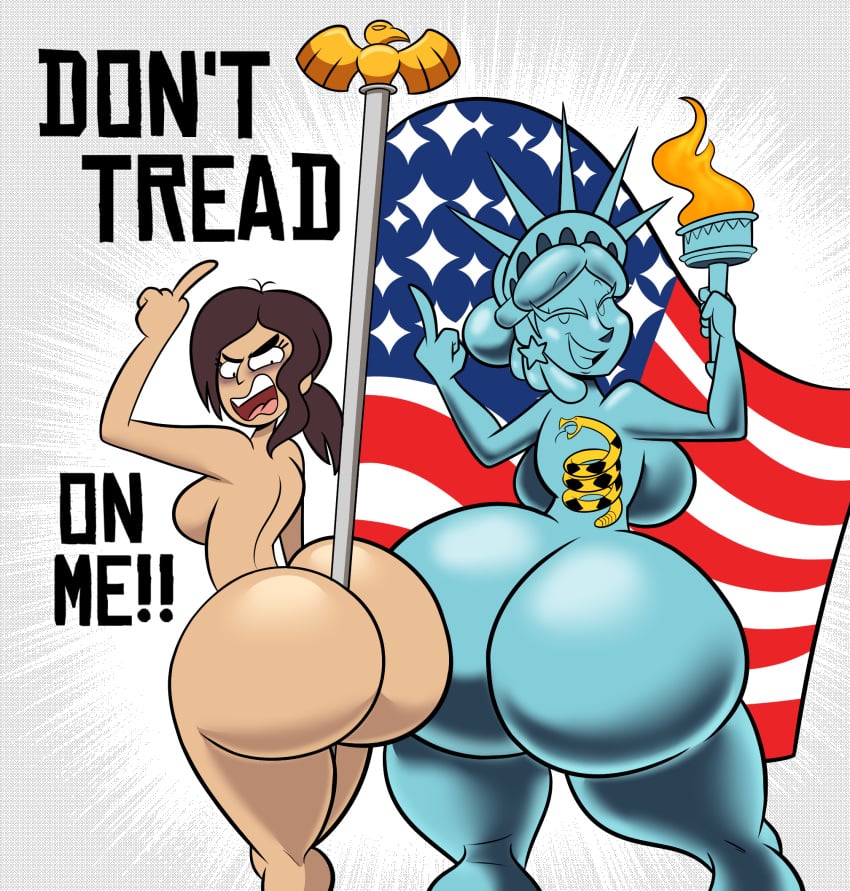 2girls american_flag ass between_buttocks big_ass big_breasts bottom_heavy breasts bubble_butt dat_ass fat_ass flagpole huge_ass inside_job lady_liberty large_ass living_statue looking_at_viewer looking_back massive_ass middle_finger nude nude_female oboithisisfunky png reagan_ridley statue_of_liberty tansau text thick_ass thick_thighs thunder_thighs torch wide_hips