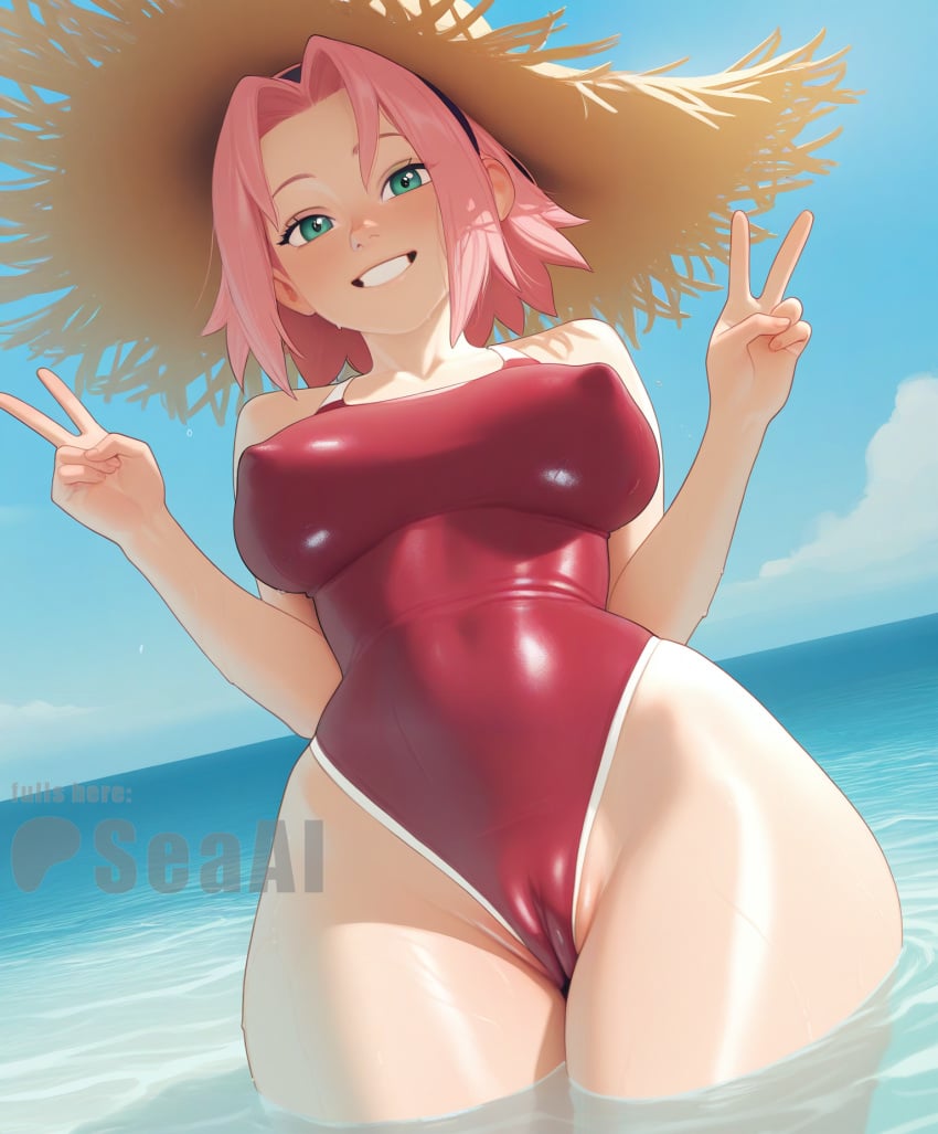 ai_generated big_breasts cameltoe covered_nipples cowboy_shot curvy naruto naruto_(series) sakura_haruno sakura_haruno sea seacreator smile solo straw_hat swimsuit thick_thighs wide_hips