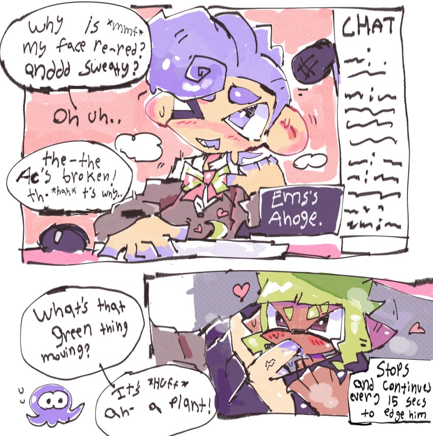 blowjob couple desk emems666 english_text fellatio female_on_femboy femboy femboysub green_hair inkling inkling_girl octoling_boy purple_hair self_upload splatoon splatoon_3 stockings streaming sucking_penis thighhighs thighs under_the_table