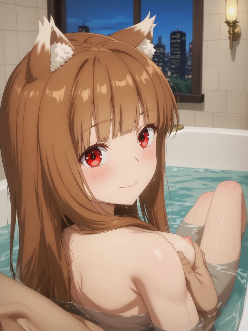 1boy 1boy1girl 1girls ai_generated artificialcc bath bathtub breast_grab breast_grab_from_behind bright brown_hair cityscape happy holo long_hair looking_at_another looking_at_partner looking_back looking_over_shoulder nude pov pov_eye_contact red_eyes smiling smiling_at_partner spice_and_wolf straight uncensored unseen_character unseen_male water wolf_ears wolf_girl wolf_tail