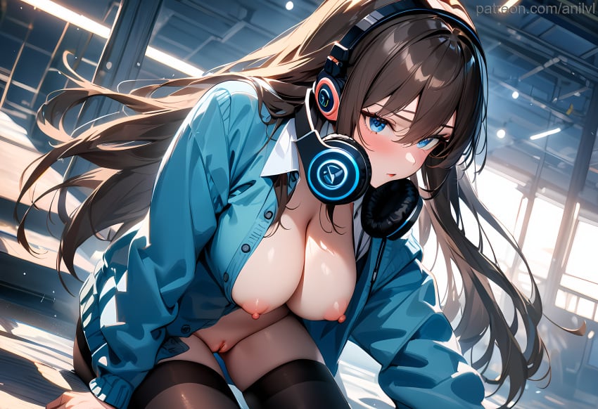 1girls ai_generated all_fours anilvl arm_support bangs black_hair black_thighhighs blue_cardigan blue_eyes blue_jacket blush bottomless breasts breasts_out brown_hair buttons cardigan classroom cleavage cleft_of_venus closed_mouth collared_shirt go-toubun_no_hanayome hair_between_eyes headphones headphones_around_neck indoors jacket large_breasts leaning_forward light_particles long_hair long_sleeves looking_at_viewer nakano_miku nipples no_bra no_panties open_cardigan open_clothes open_mouth open_shirt parted_lips pussy shirt sidelocks sitting skindentation solo stairs thighhighs thighs uncensored very_long_hair white_shirt