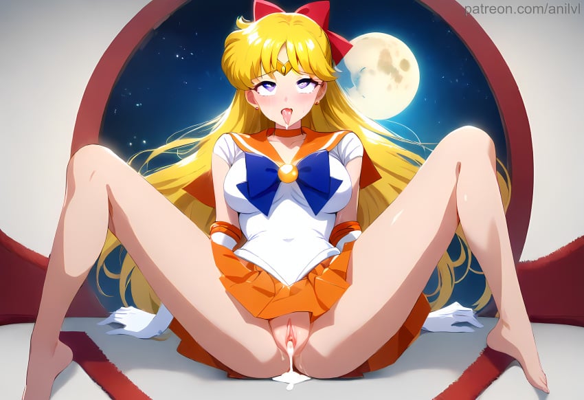 1girls after_sex after_vaginal ahe_gao ai_generated anilvl bangs bare_legs barefoot bishoujo_senshi_sailor_moon blonde_hair blue_bow blue_eyes blush bow breasts brooch choker circlet clitoris clothing covered_navel cum cum_in_mouth cum_in_pussy cumdrip earrings elbow_gloves feet fucked_silly full_moon gloves hairbow heart heart-shaped_pupils jewelry knees_up large_breasts legs leotard long_hair looking_at_viewer m_legs magical_girl medium_breasts miniskirt moon night night_sky no_panties open_mouth orange_choker orange_sailor_collar orange_skirt pleated_skirt purple_eyes pussy red_bow rolling_eyes sailor_collar sailor_senshi_uniform sailor_venus saliva shirt sitting skirt sky small_breasts solo spread_legs star_(sky) starry_sky symbol-shaped_pupils thighs tiara toes tongue tongue_out uncensored very_long_hair white_gloves white_leotard white_shirt