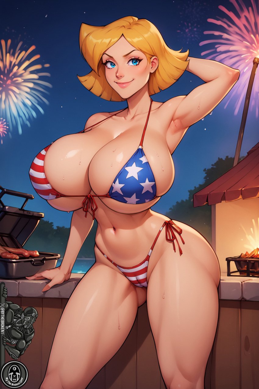 4th_of_july ai_generated american_flag_bikini bimbofication blonde_hair blue_eyes bythebrokenone cameltoe cartoon_network cleavage clover_(totally_spies) gigantic_breasts huge_breasts medium_hair teletoon thong thong_bikini totally_spies