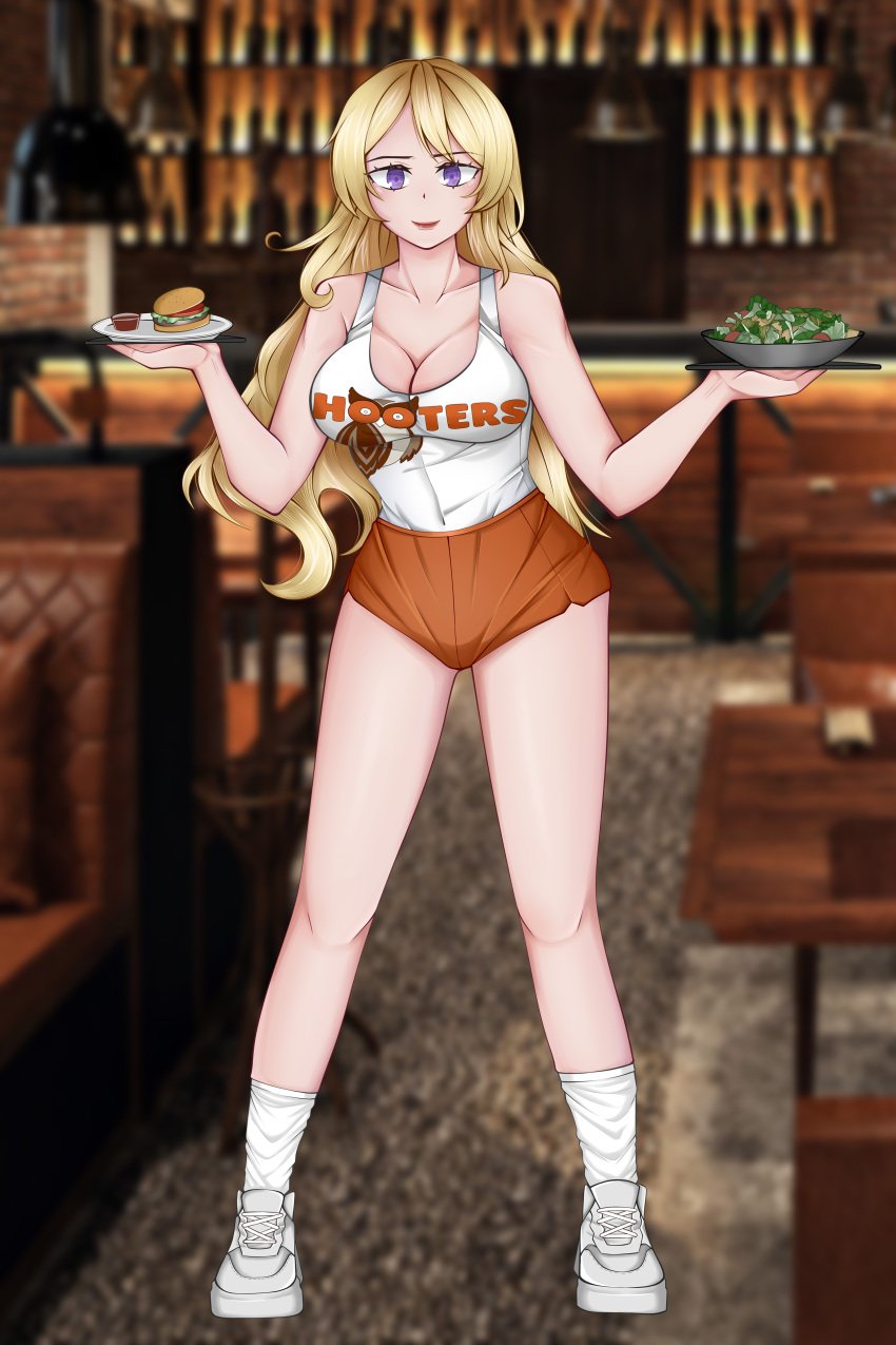 aniritache big_breasts blonde_hair hooters hooters_uniform rwby waitress yang_xiao_long