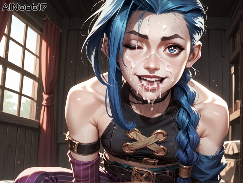 1girls ai_generated ainoob17 arcane arcane_jinx blowjob blue_hair cum cum_in_mouth cumshot dark-skinned_male facial jinx_(arcane) jinx_(league_of_legends) light-skinned_female penis saliva smile smiling stable_diffusion tagme