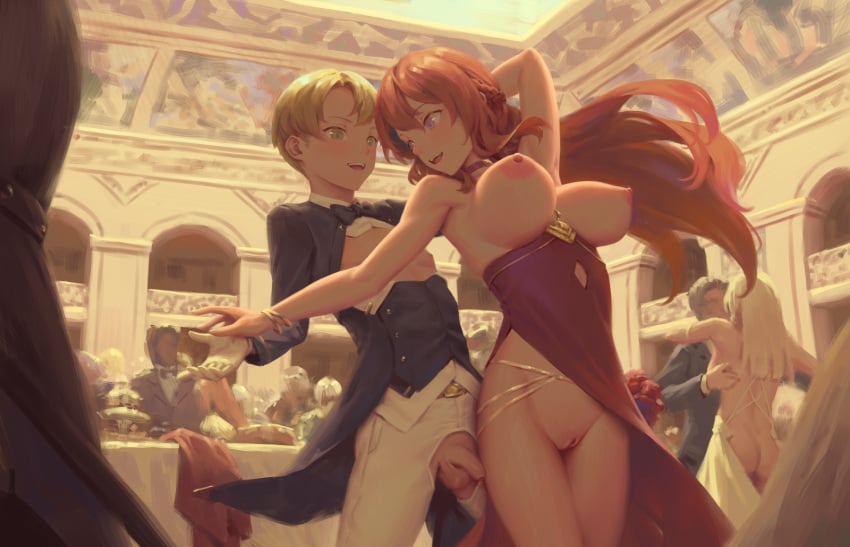 3boys ass bigrbear black_bow black_bowtie blonde_hair bow bowtie breasts dancing dress evening_gown female flaccid gloves highres large_breasts long_hair looking_at_another multiple_boys nipples open_mouth original pants penis purple_eyes pussy red_hair short_hair smile straight suit testicles uncensored white_gloves white_pants