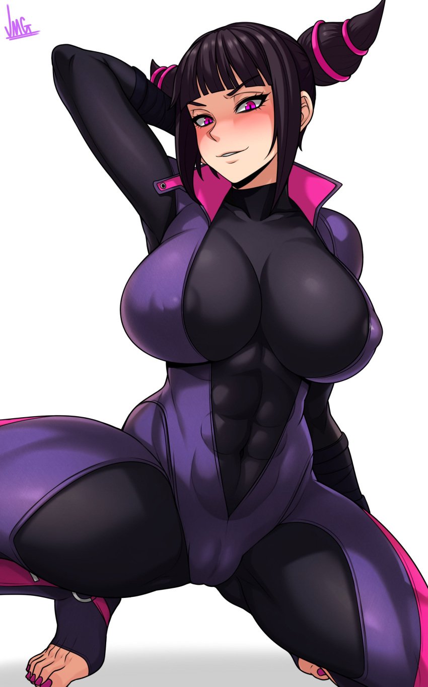 abs black_clothing black_hair bodysuit feet jmg juri_han large_breasts light-skinned_female light_blush one_hand_behind_head pink_clothing pink_eyes pink_toenails purple_clothing skin_tight_suit smiling street_fighter thick_thighs toes