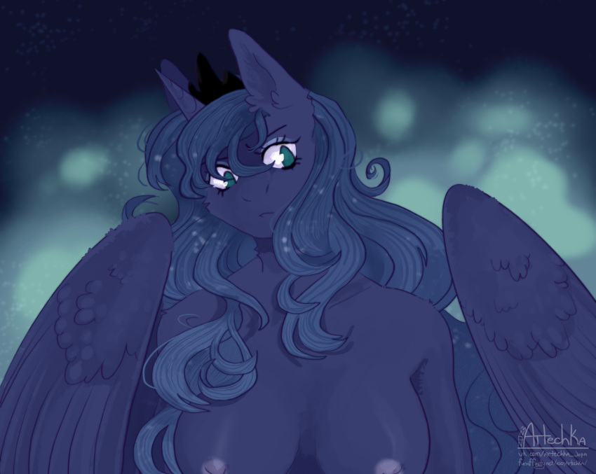 alicorn anthro areola artechka big_areola big_breasts blue blue_body blue_eyes blue_hair breasts cosmic_hair dark_background diadem furry green_eyes hasbro large_breasts long_hair moon my_little_pony my_little_pony_friendship_is_magic princess princess_luna_(mlp) queen space star